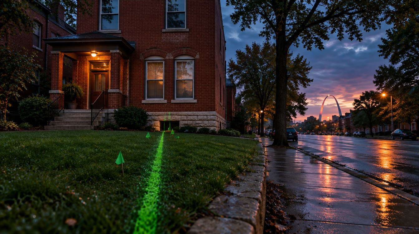 Brick two-family home in South City St. Louis at dusk, a green locate line marking the sewer lateral across the lawn, the Gateway Arch in the distance